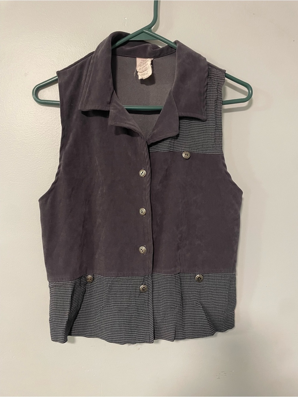 Vintage Sleeveless Button-Front Suede & Houndstooth Panel Vest - Charcoal Size 8